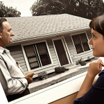 A compassionate appraiser listens to a resident's story in a redevelopment area, valuing their home filled with family memories, resembling looking through a family album, captured in a realistic and empathetic style.