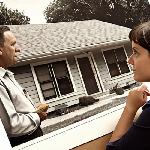 Home 4 A compassionate appraiser listens to a resident's story in a redevelopment area, valuing their home filled with family memories, resembling looking through a family album, captured in a realistic and empathetic style.