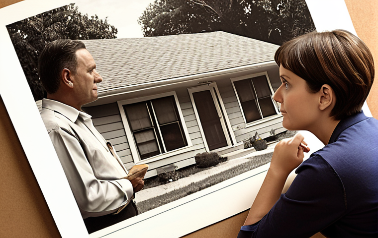 A compassionate appraiser listens to a resident's story in a redevelopment area, valuing their home filled with family memories, resembling looking through a family album, captured in a realistic and empathetic style.
